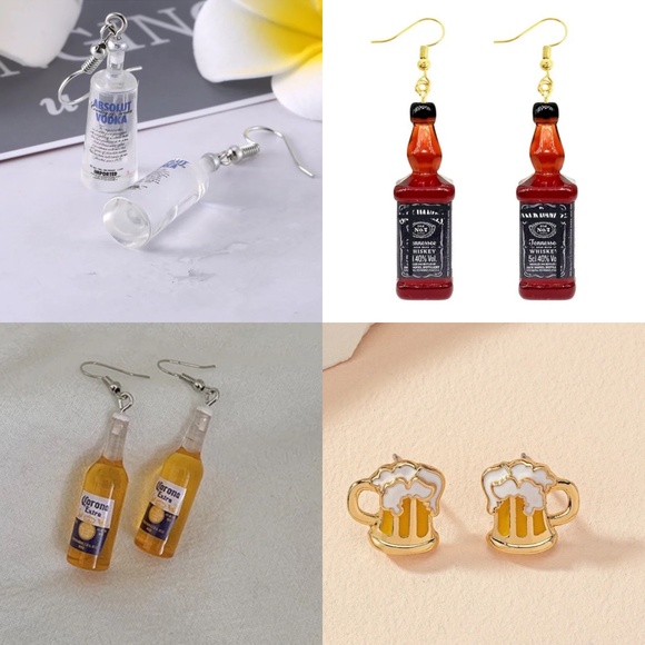 🆕Absolut Vodka, Jack Daniel's Whiskey, Corona beer, Enamel Bear Mug Earrings - Picture 1 of 13